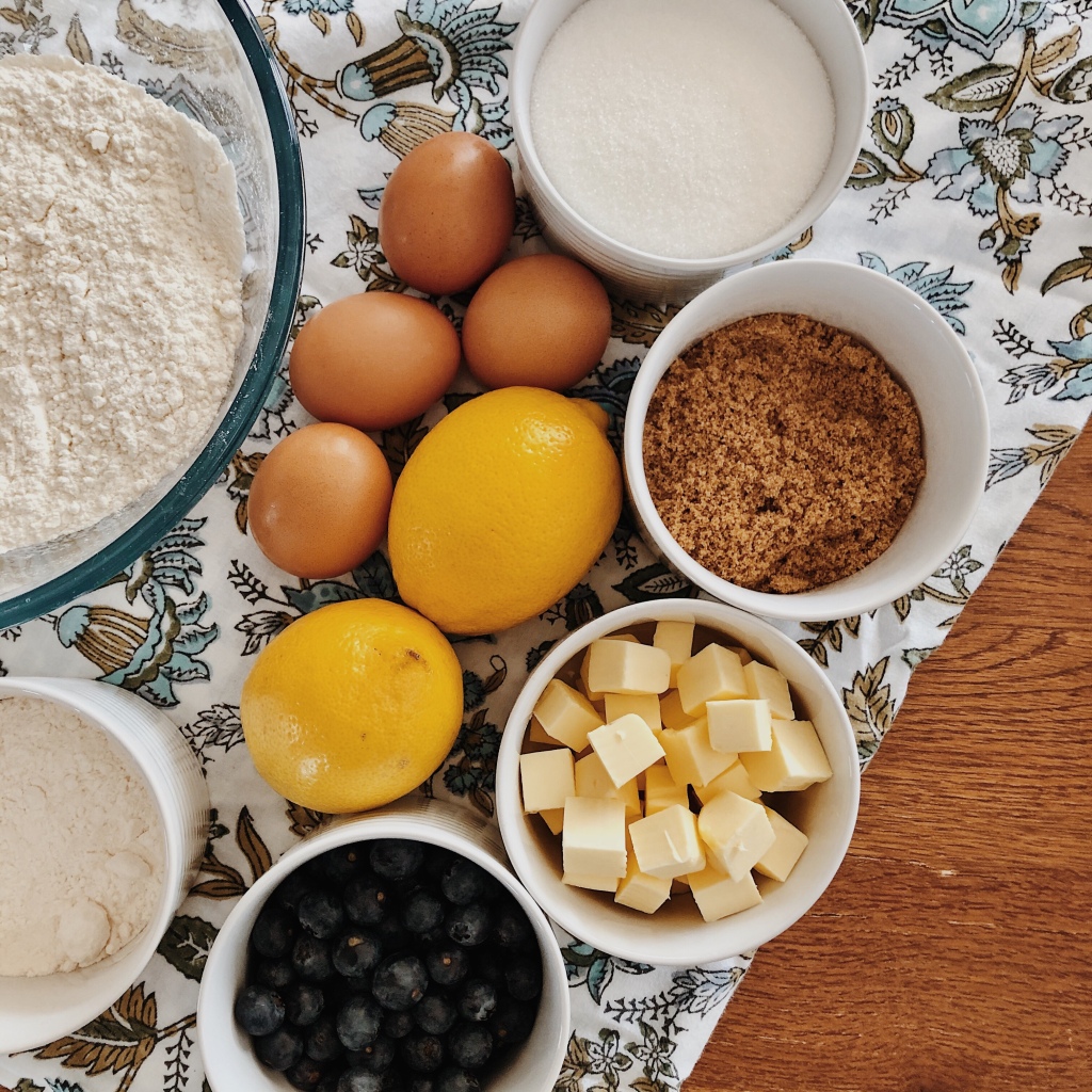 Ingredients for lemon and blueberry squares.