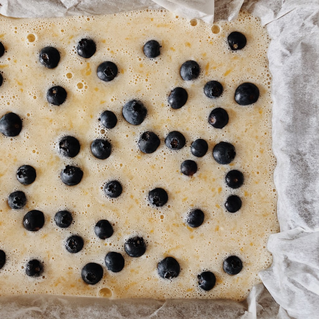 Lemon and blueberry square slice ready to go in the oven.
