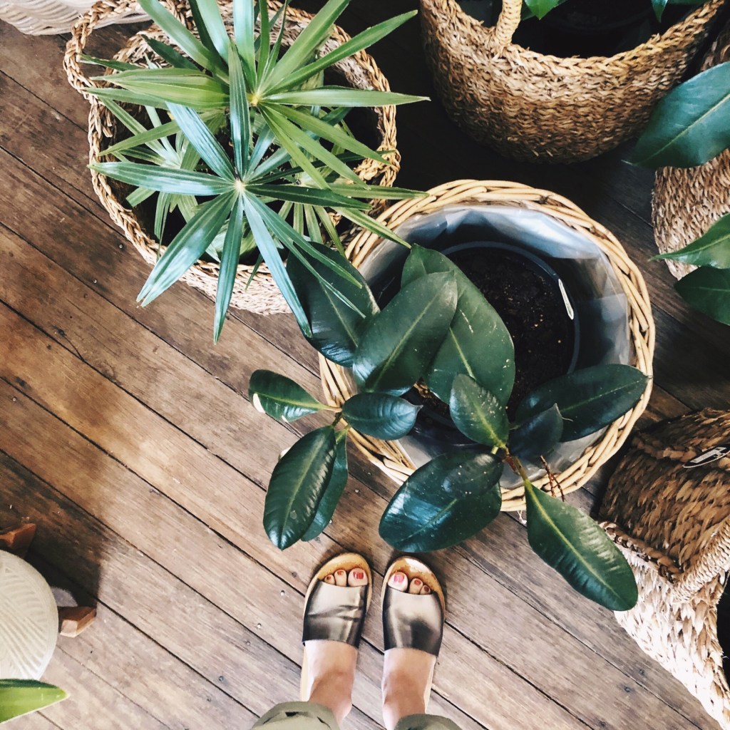 Looking down a feet in slides standing near plats in wicker baskets.