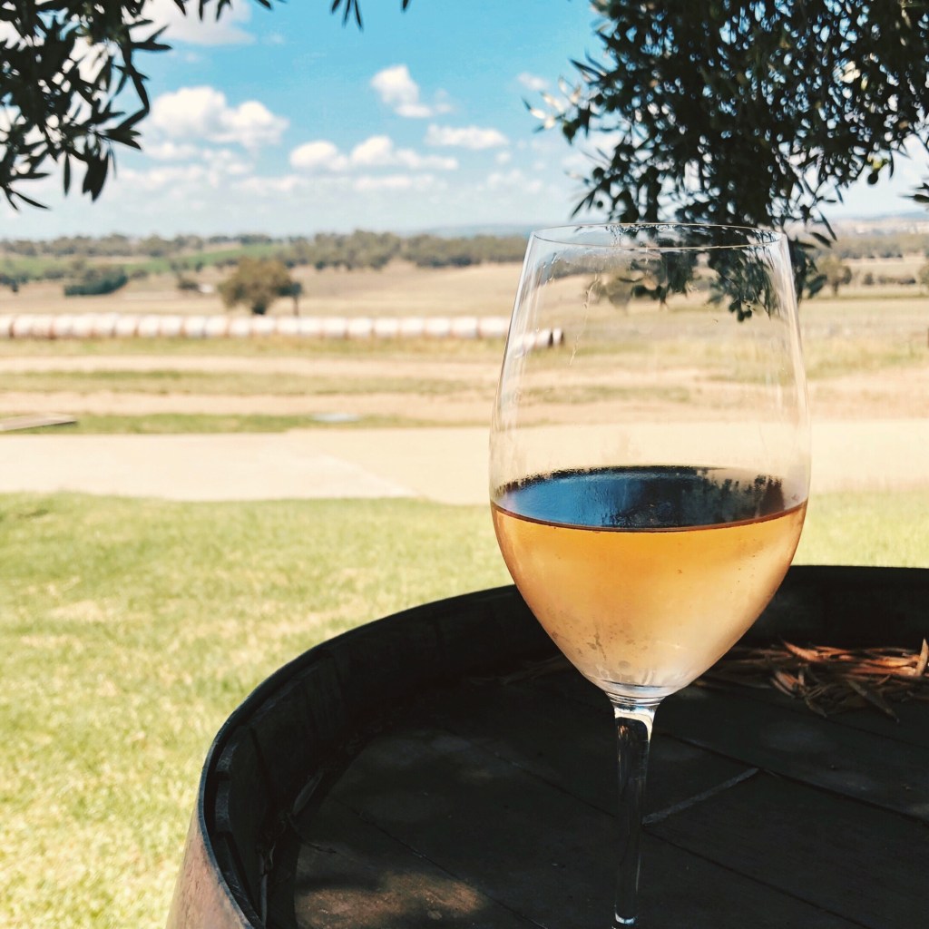 Glass of rosé on a wine barrel, underneath a tree and looking out onto farmland.