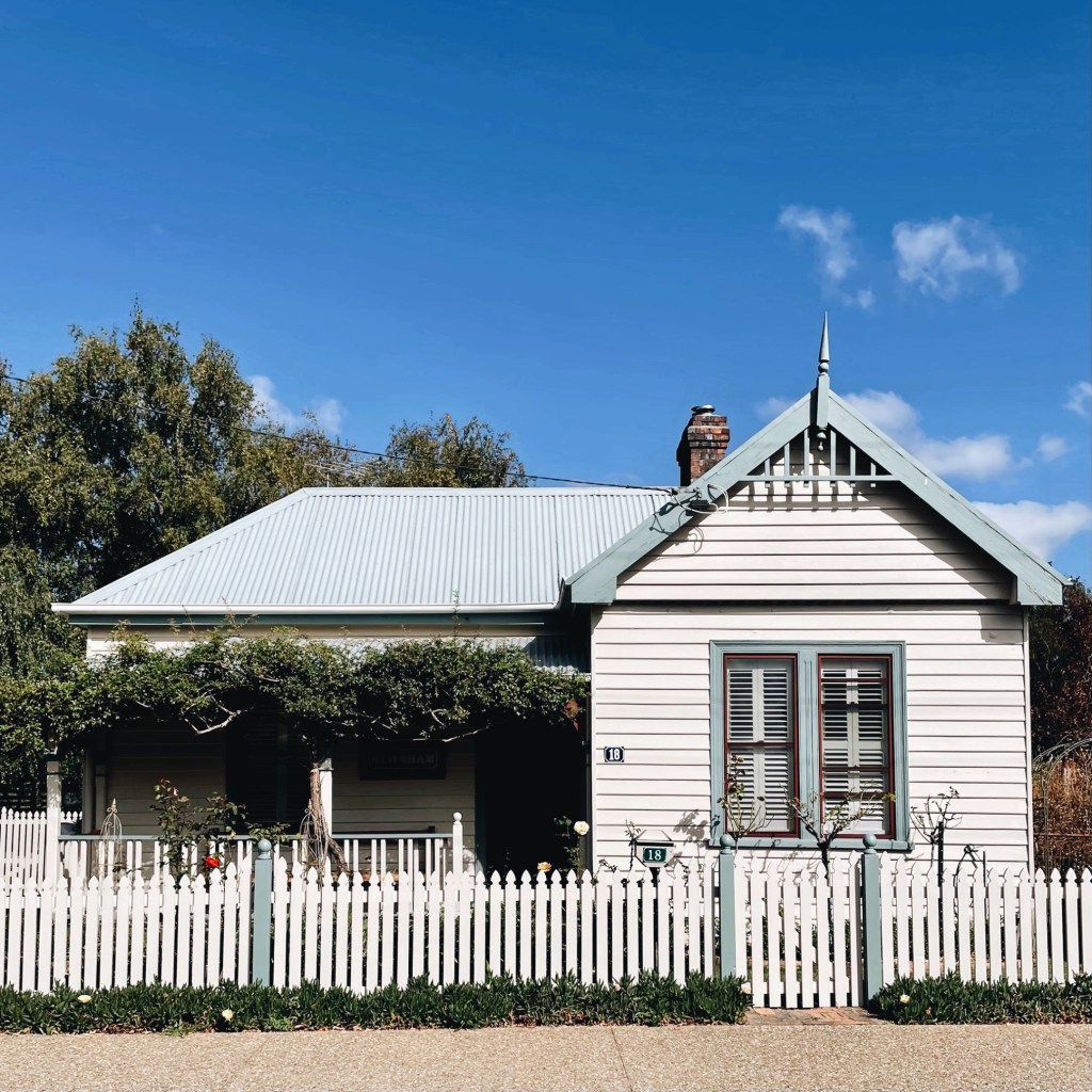 White weatherboard cottage in Evandale, Tasmania, Australia
