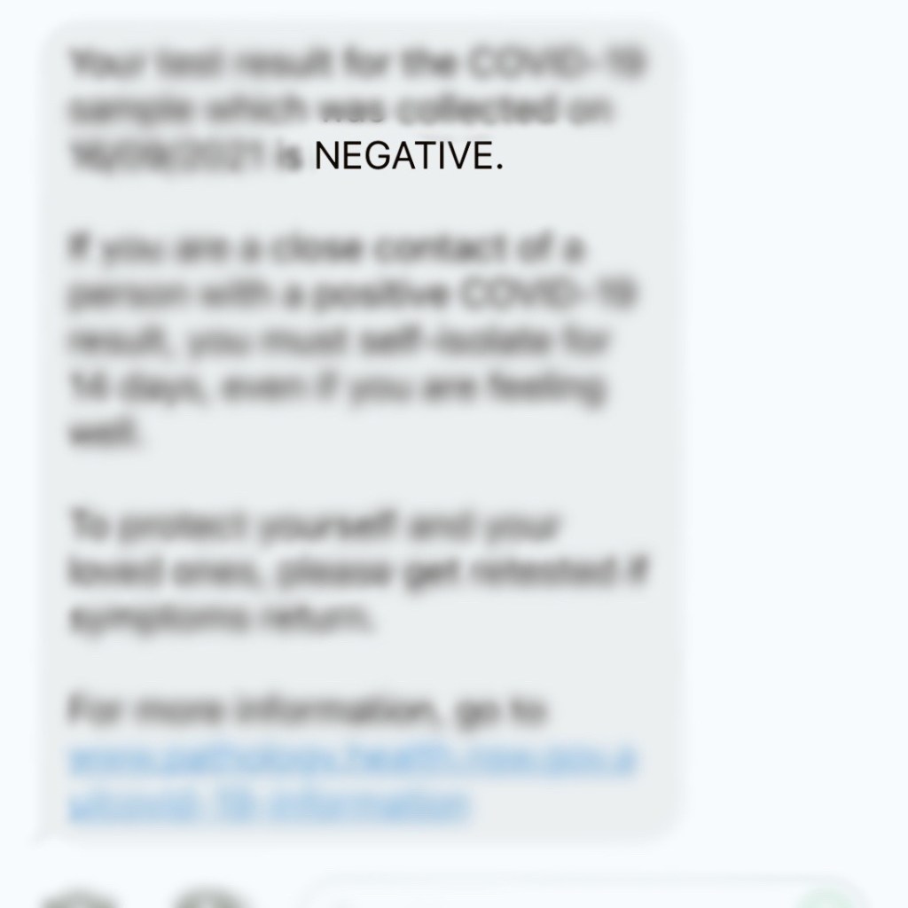 Text message showing negative COVID result.