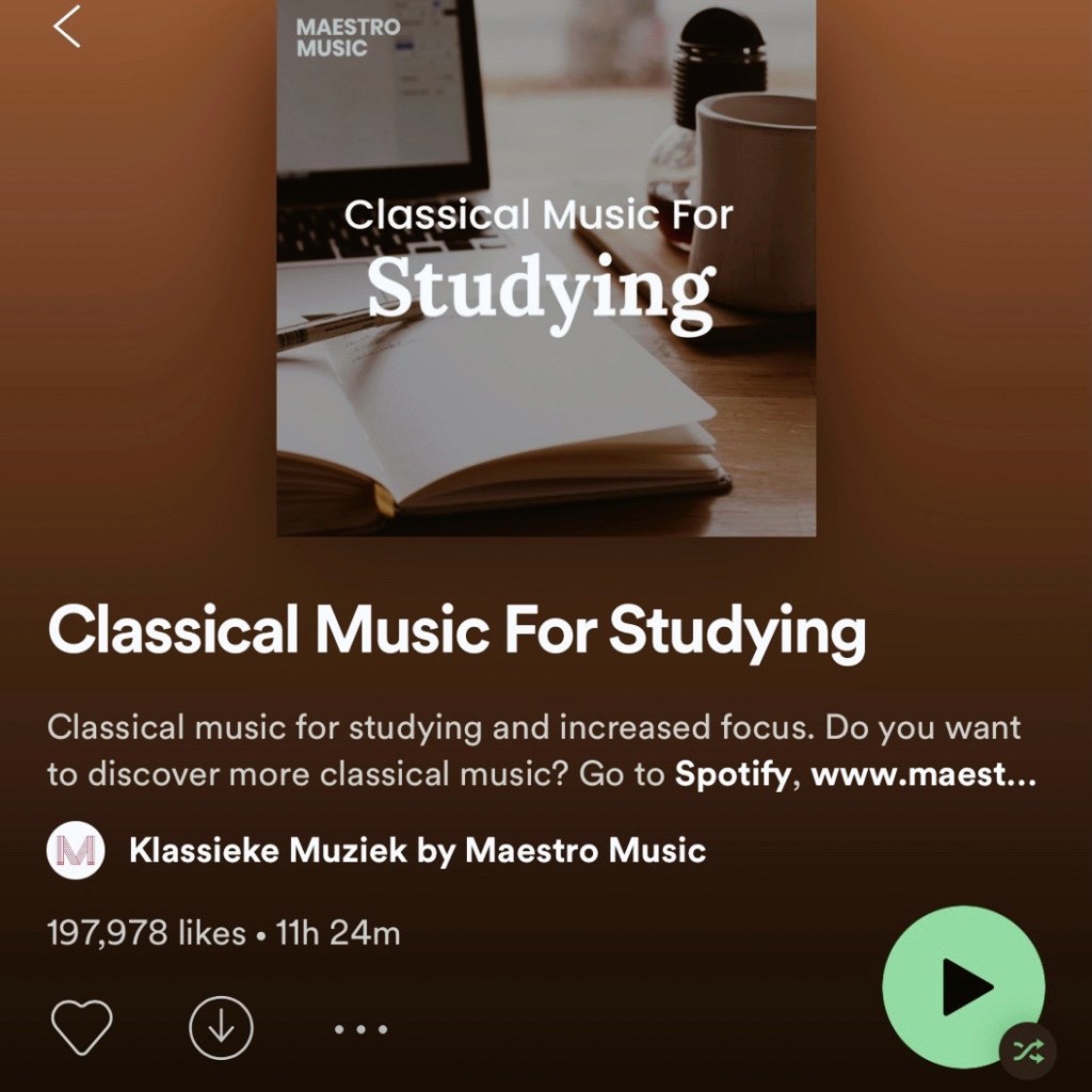 Screenshot of Spotify's 'classical music for studying' playlist.