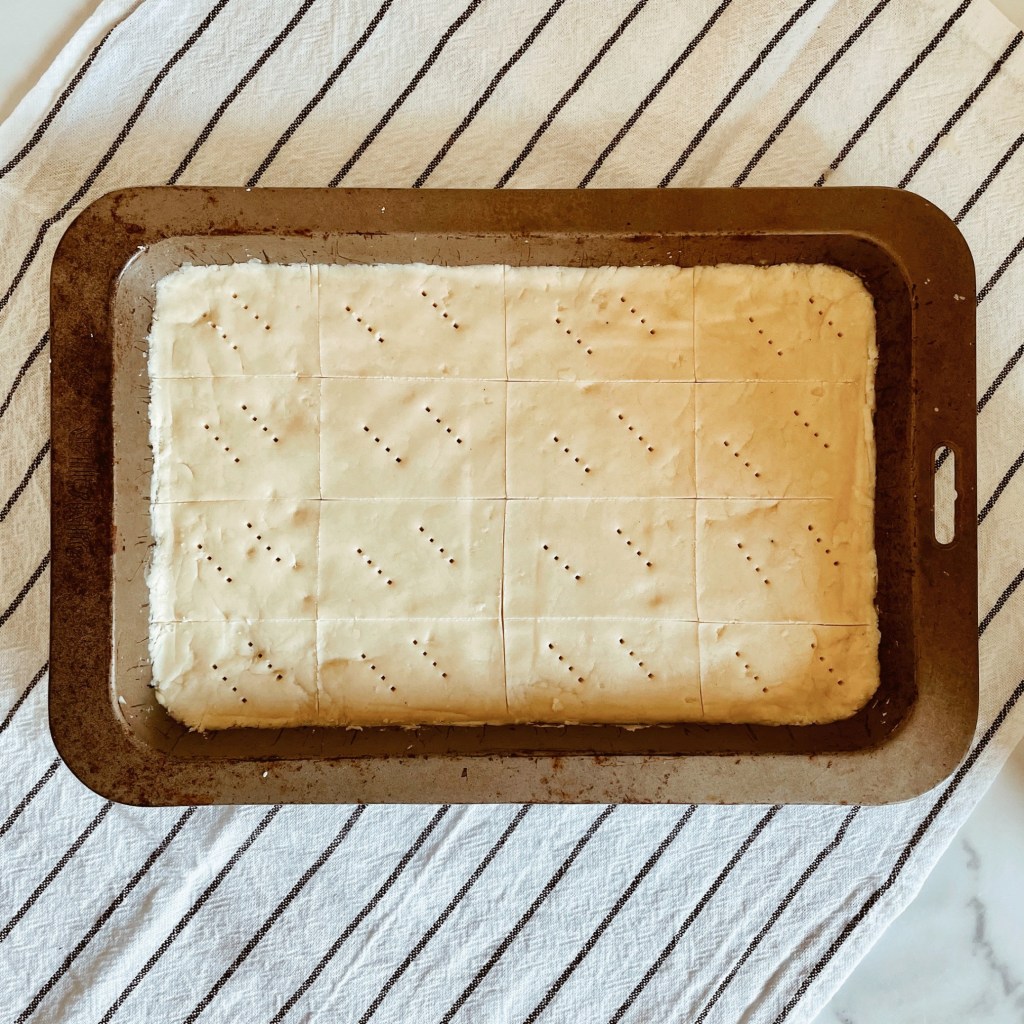 Shortbread in a tin ready to be baked.